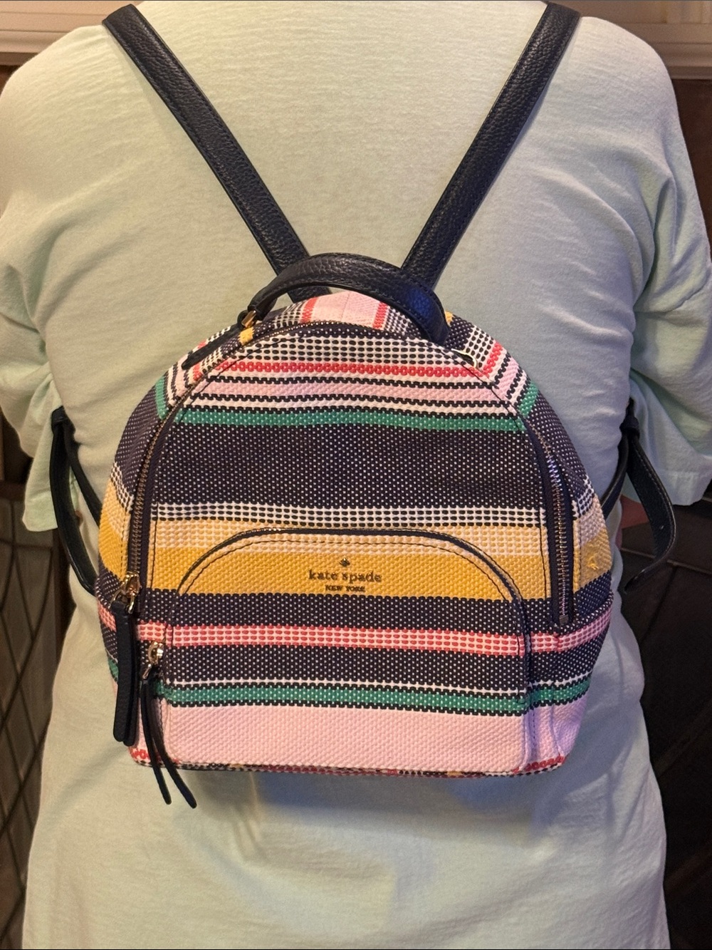 kate spade Multicolor Striped Mini Backpack in Navy, Pink, Yellow, Green